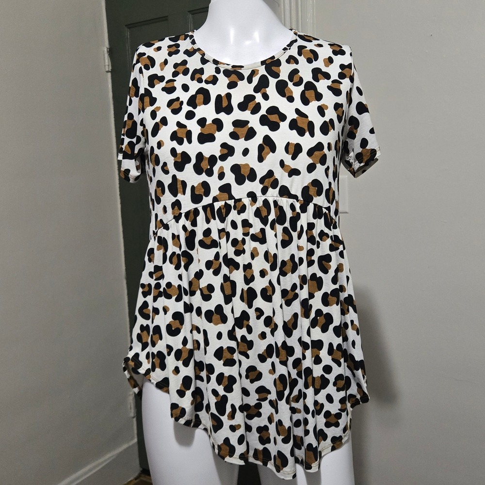 Heimish USA Leopard Animal Print Babydoll Tunic Top Short Sleeve Small ST1518-11